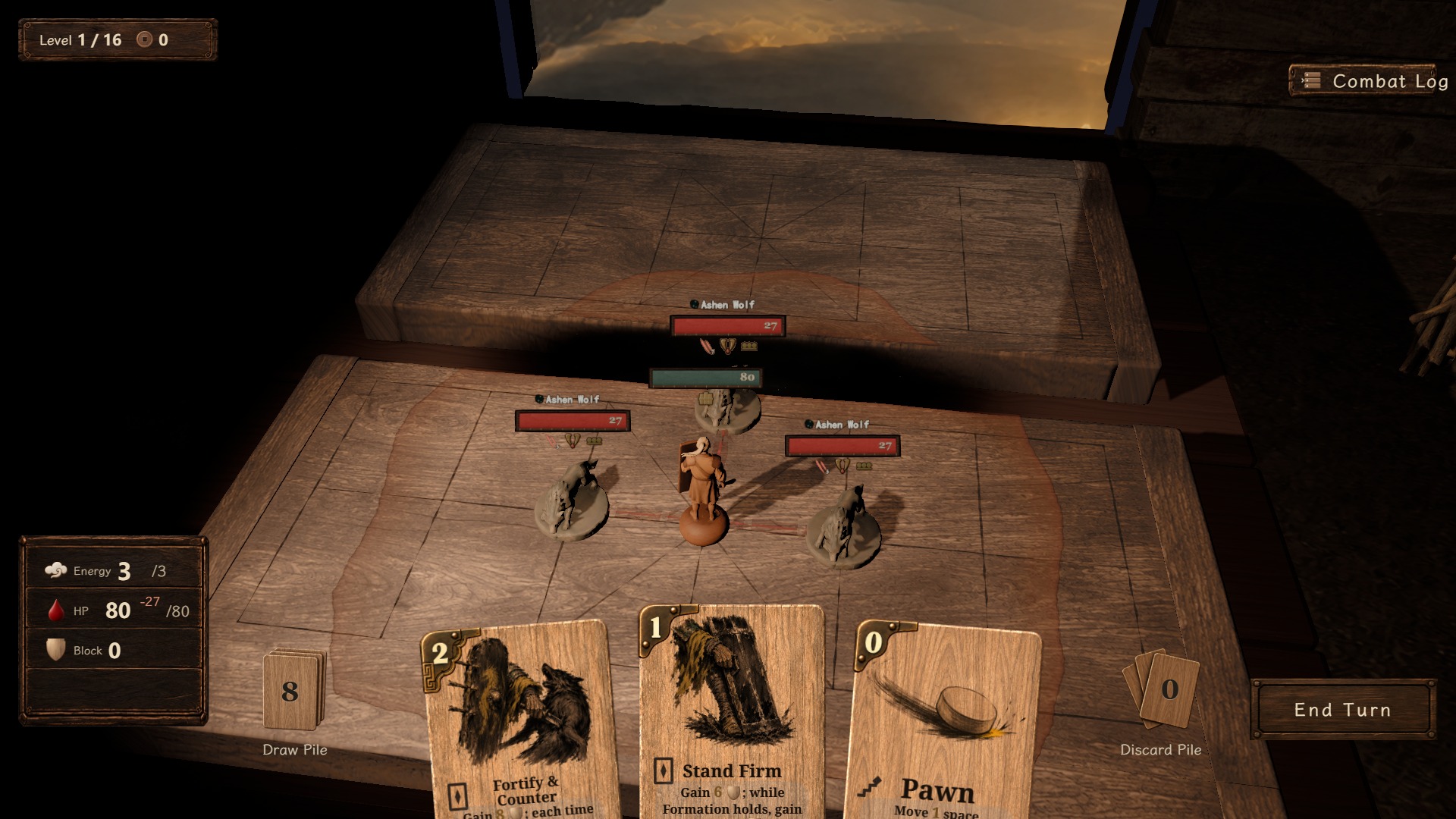 The Pawn Commander standing firm while three Ashen Wolves close in from three sides