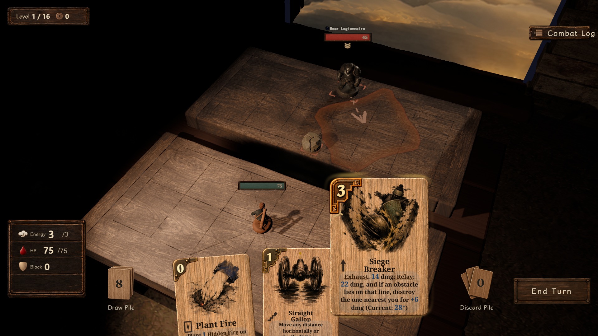 The Cannon Adept lining up Siege Breaker, which destroys the obstacle in its path for extra damage