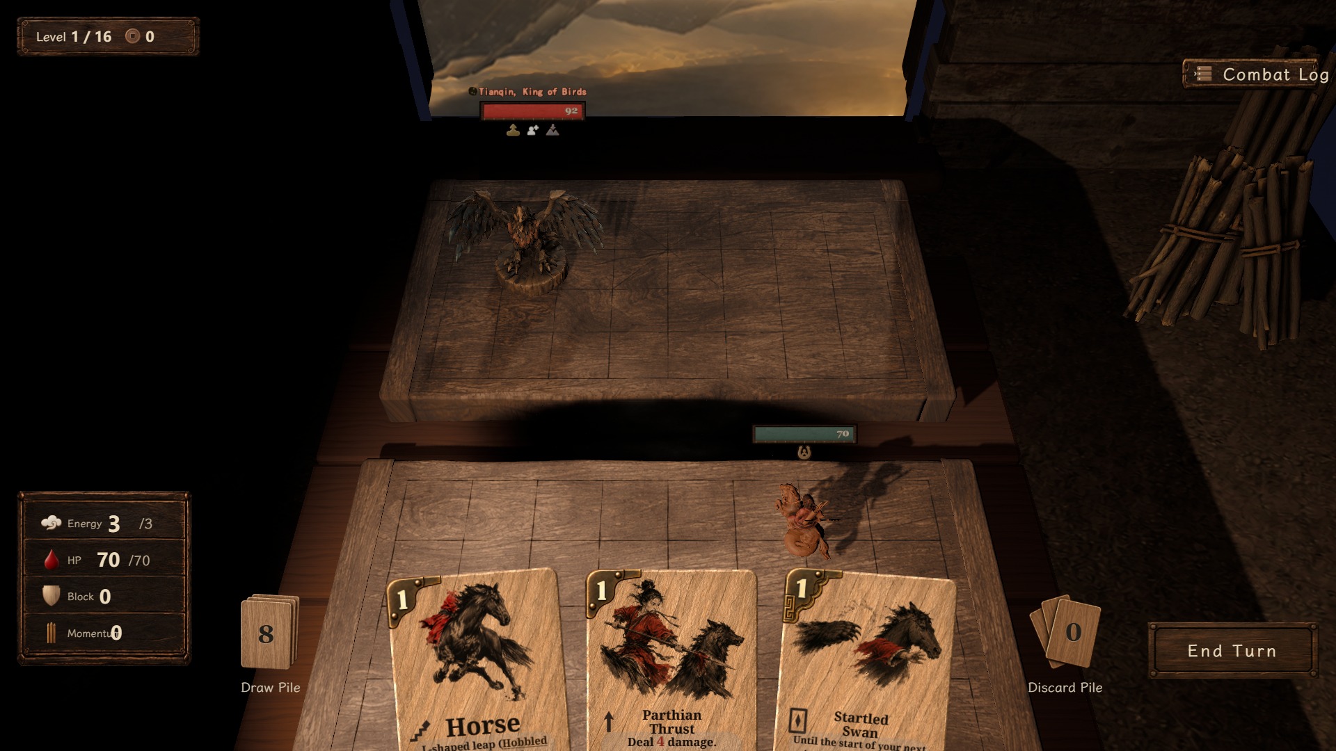 Tianqin, King of Birds, spreading its wings across the upper board in a boss fight