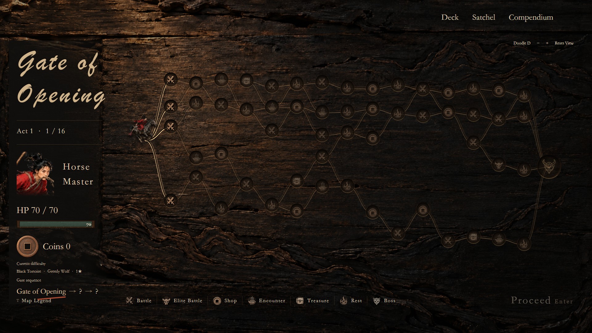 The run map carved into burnt wood, branching into battle, elite, shop, encounter, treasure, rest and boss nodes