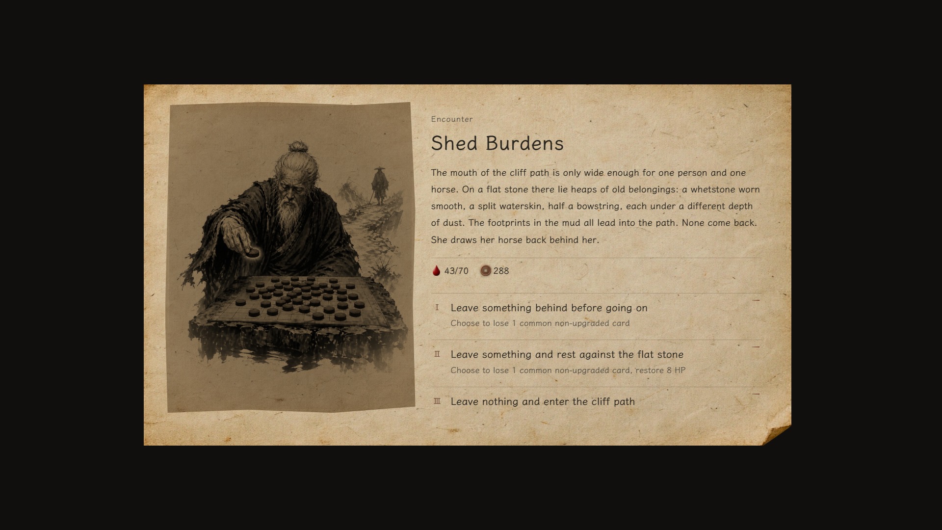 A written encounter on the cliff path, with the choice laid out in full before the player commits