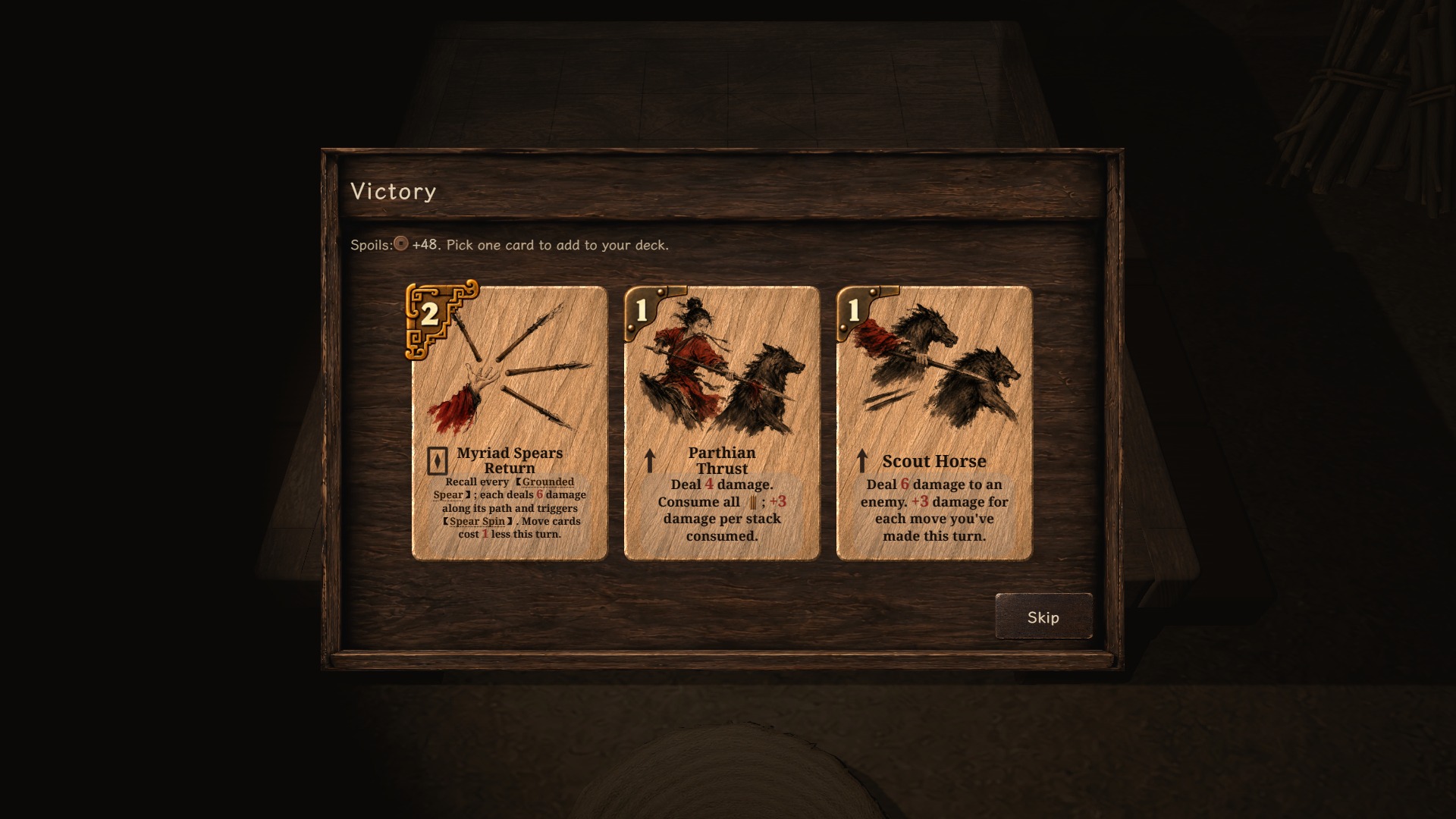 Victory reward offering three cards to add to the deck: Myriad Spears Return, Grounded Spear and Spear Spin